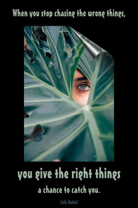 girl face peeking through a huge leaf and a quote by Lolly Daskal