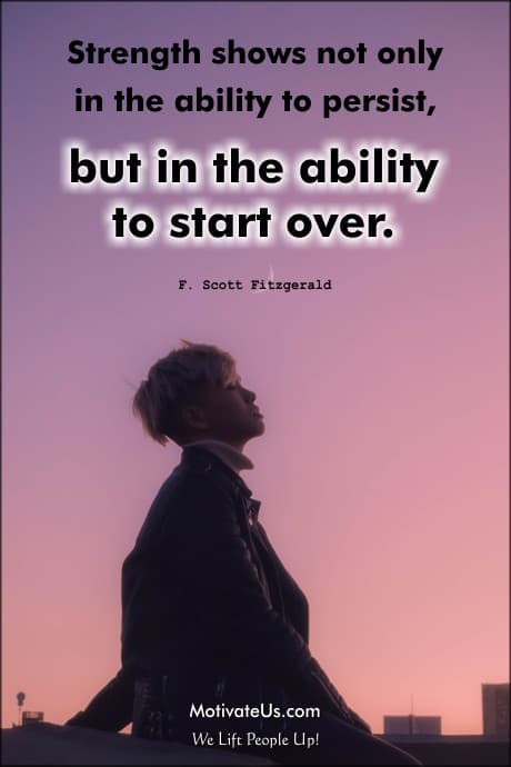 person looking up to the purple sky and a quote by F. Scott Fitzgerald about Strength