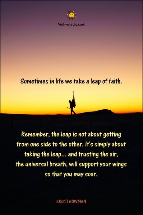 man on a motorcycle, riding on the beach and a quote about taking a leap of faith.
