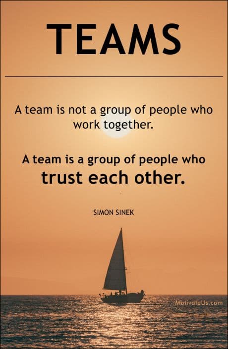 sailboat against an orange sky with a quote about what makes a team by Simon Sinek