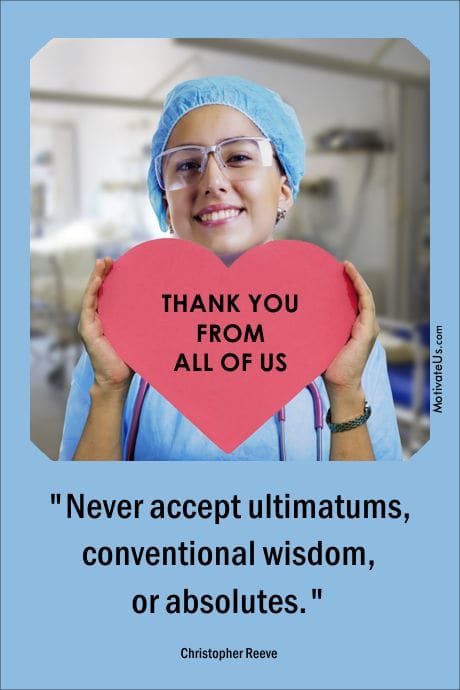 healthcare worker holding up a red heart that says thank you from all of us with a quote on it too