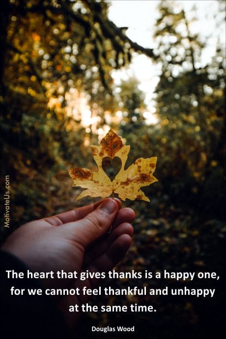 quote about happy hearts and thankfulness an a leaf with a cutout of a heart in the middle