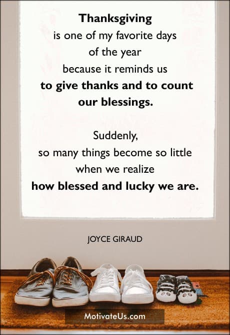 shoes by the door and a quote by Joyce Giraud about Thanksgiving