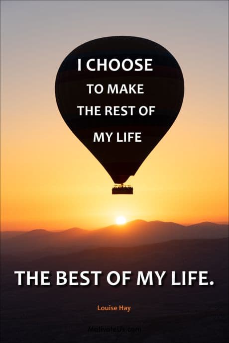 words from Louise Hay on a picture of a hot air balloon at sunrise/sunset