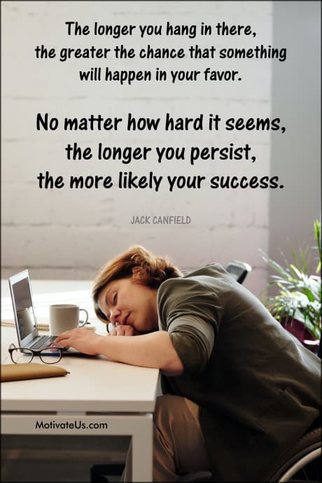 person sleeping at her desk and a quote by Jack Canfield