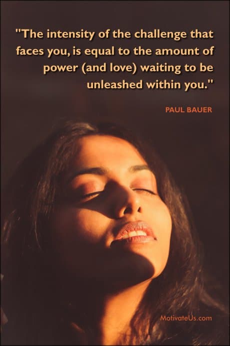 a quote by Paul Bauer and a woman with closed eyes her face is lit up