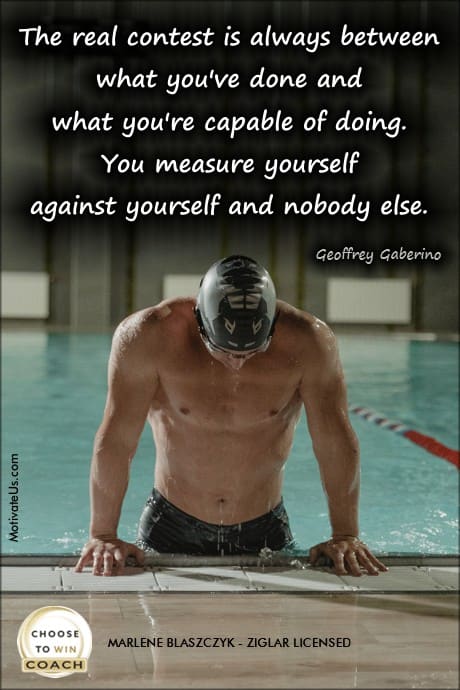 picture of a competitve swimmer and a quote by Geoffrey Gaberino --- Olympic Gold Medalist