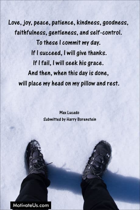 shoes in the snow and a quote by Max Lucado