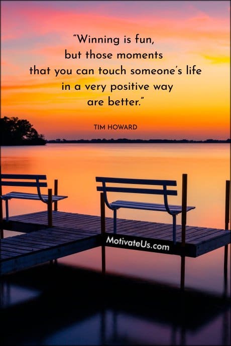 sunset on a lake and two benches with a quote by Tim Howard