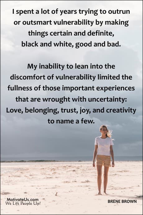 words from Brene Brown on a background of a woman walking the beach with cloudy skies in the background