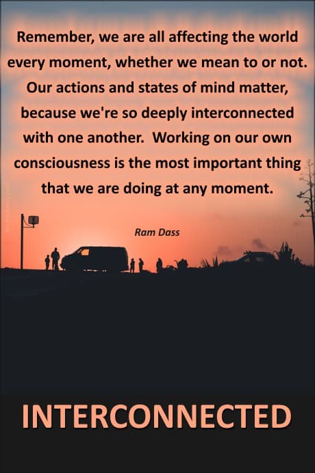 sunset with people in and out of vehicles with a quote written by Ram Dass