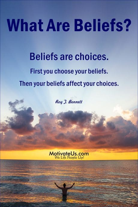 quote about beliefs by Roy T. Bennett on a scene of the sun rising
