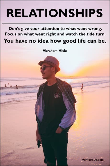 person on a beach, smiling and a quote by Abraham Hicks about focusing on what went right.