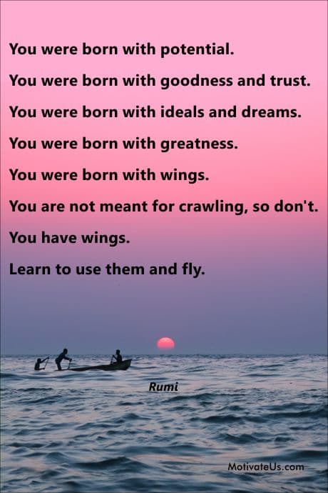 Quote from Rumi on beautiful pink and purple sunset