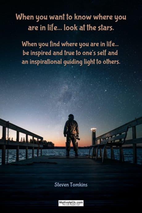 picture of of a person looking up in the starry sky and a motivational quote on it