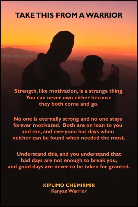 two people in silhouette looking at the sunset and words about strength and motivation from Kenyan Warrior, Kiplimo Chemirmir
