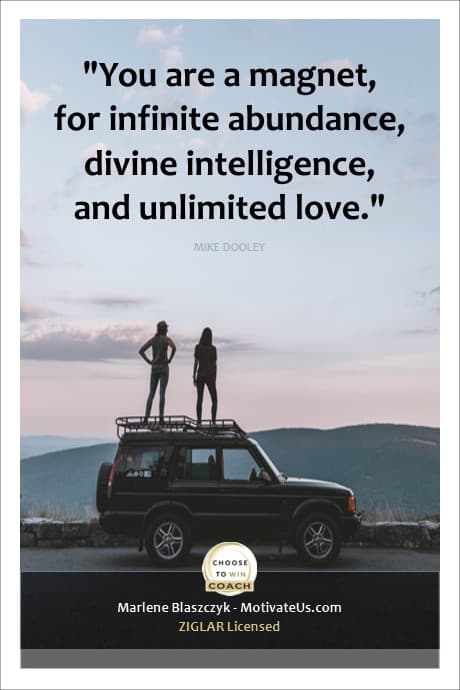 two people standing on top of their jeep like vehicle and a quote from Mike Dooley