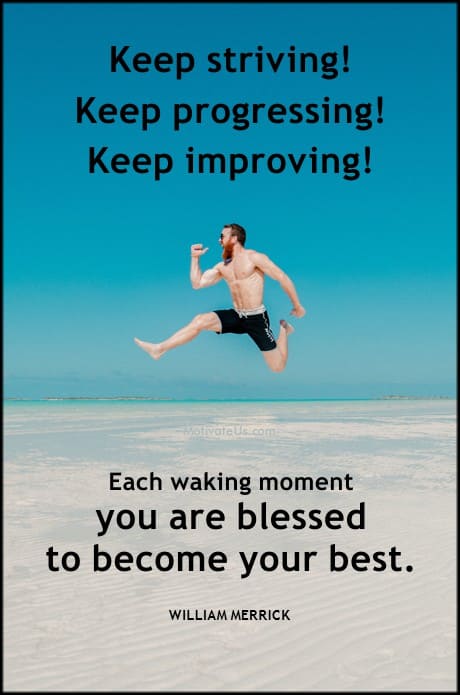 man jumping on the beach and a quote from William Merrick