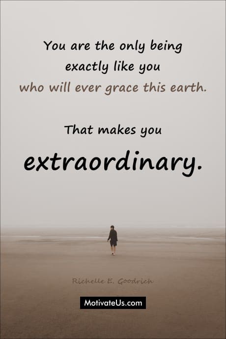 quote from Richelle E. Goodrich about you are unique and extraordinary with a person walking on a beach