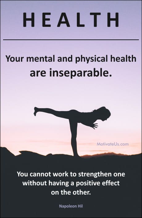 female in a yoga pose and a quote by Napoleon Hill: Your mental and physical health are inseparable.
