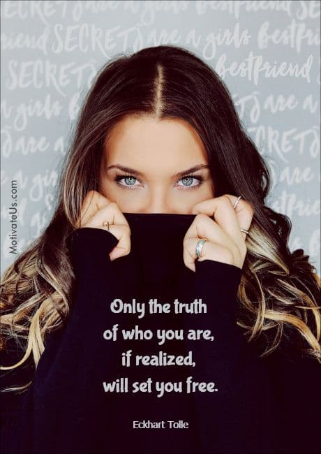 An inspirational quote by Eckhart Tolle on a picture of a woman covering her moth with a turtleneck sweater