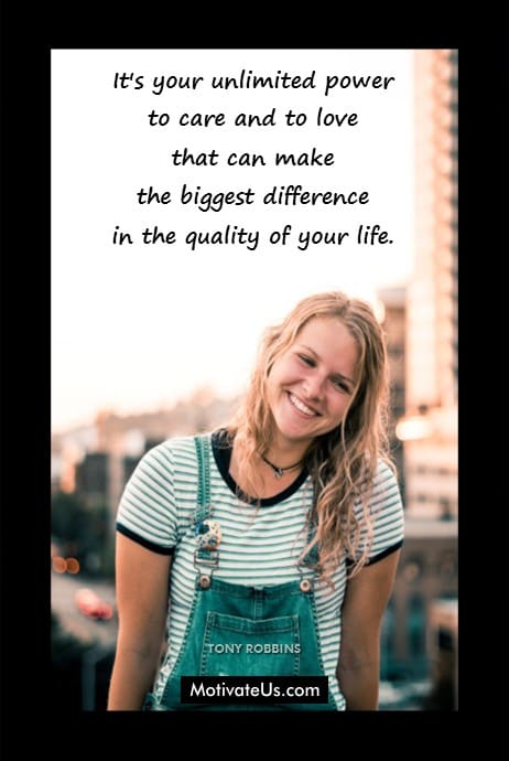 quote by Tony Robbins and a woman smiling a big smile